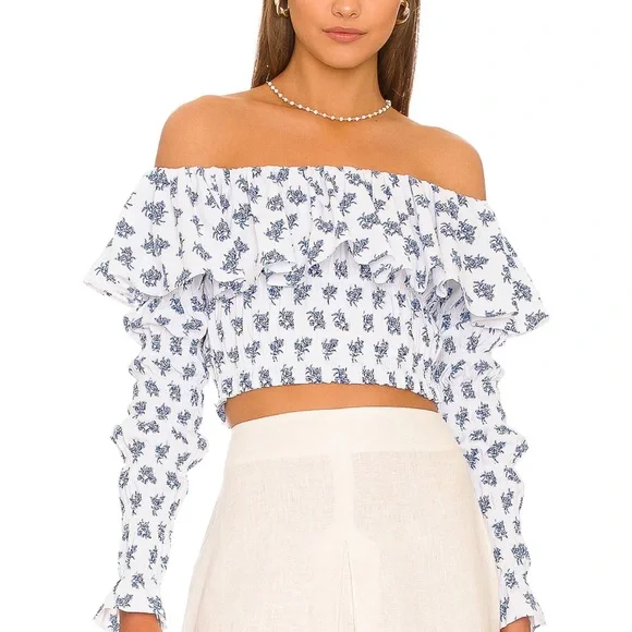 NWT caroline constas lydia off the shoulder top in blue toile spot